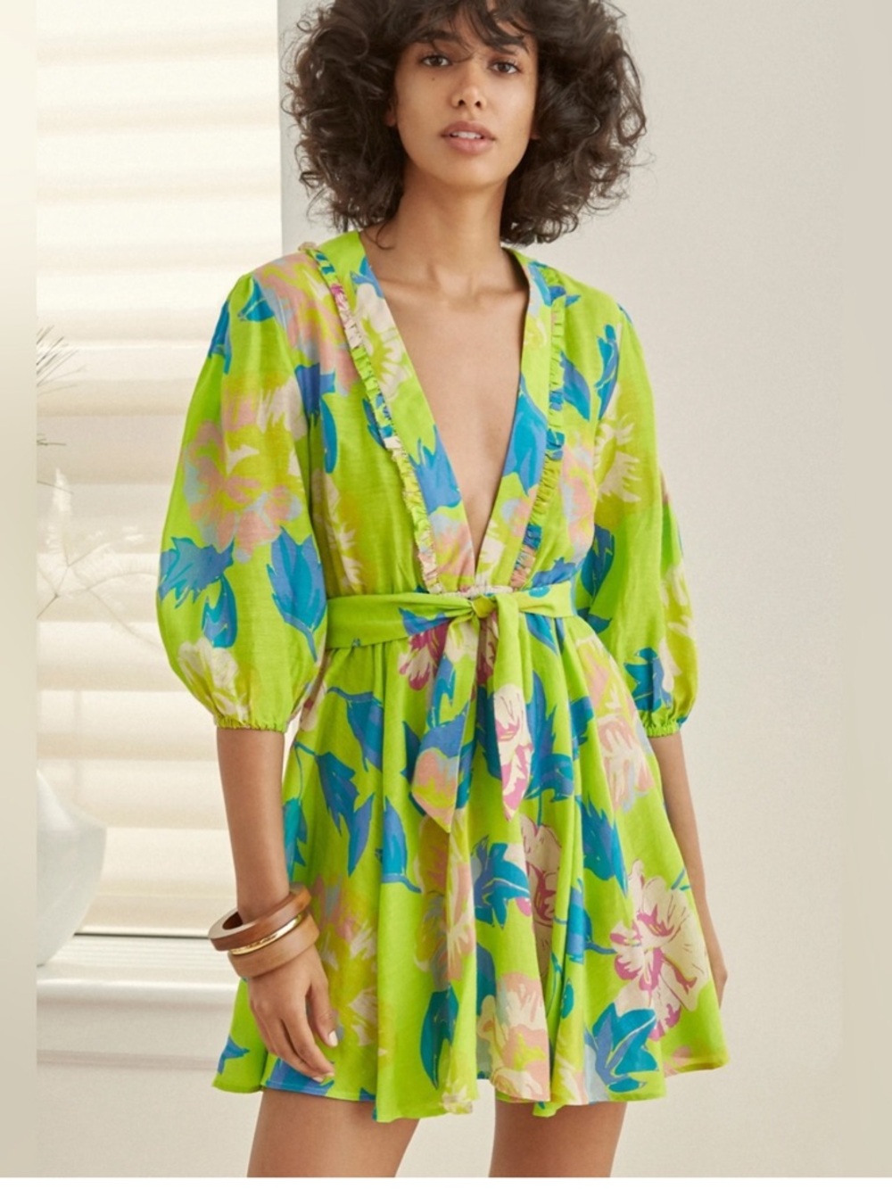 A peace treaty Lime Green Floral Tie-Waist Mini Dress